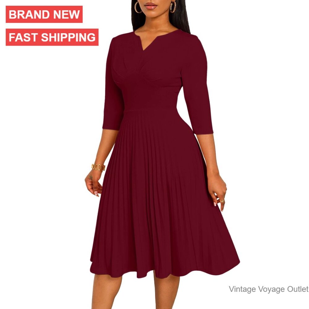 Midi Dress 3/4 Sleeve V Neck Pleated A Line Casual Wedding Guest